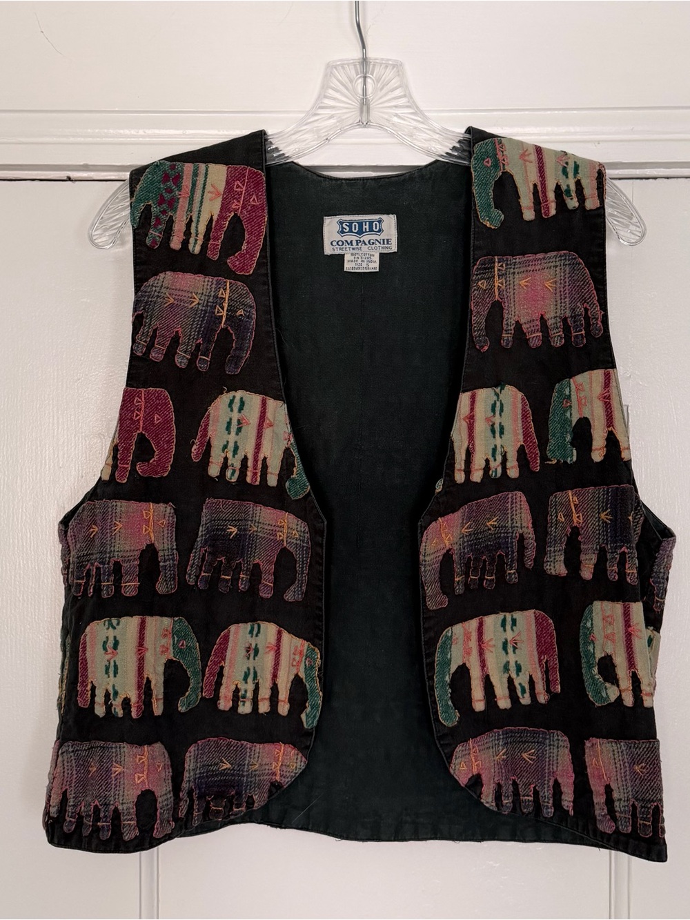 Soho Compagnie 100% Cotton ‘90s Black Multicolor Elephant Print Vest